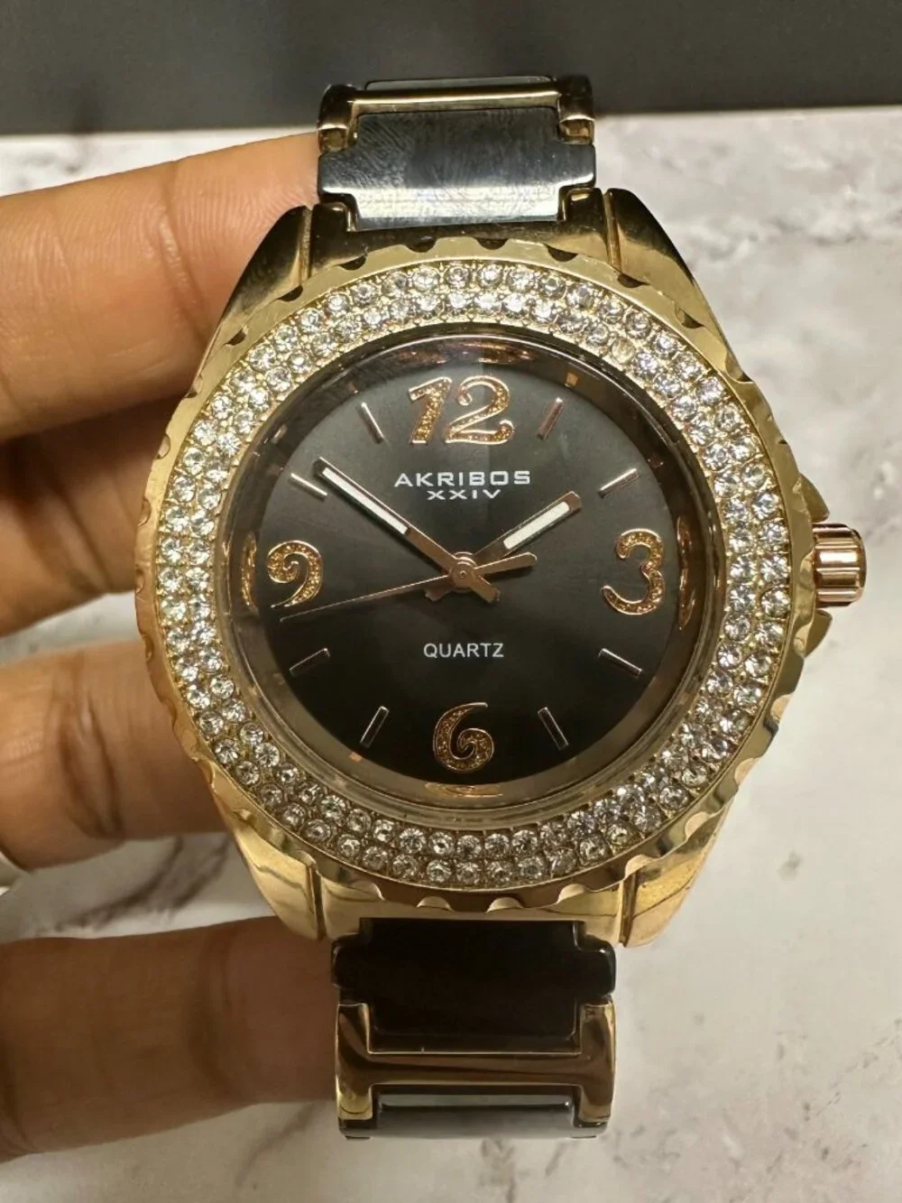 Akribos XXIV Watch Women Rose Gold Tone Black AK514RG New Battery 6.75